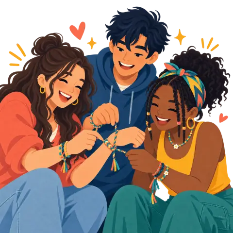 Three friends making colorful friendship bracelets together