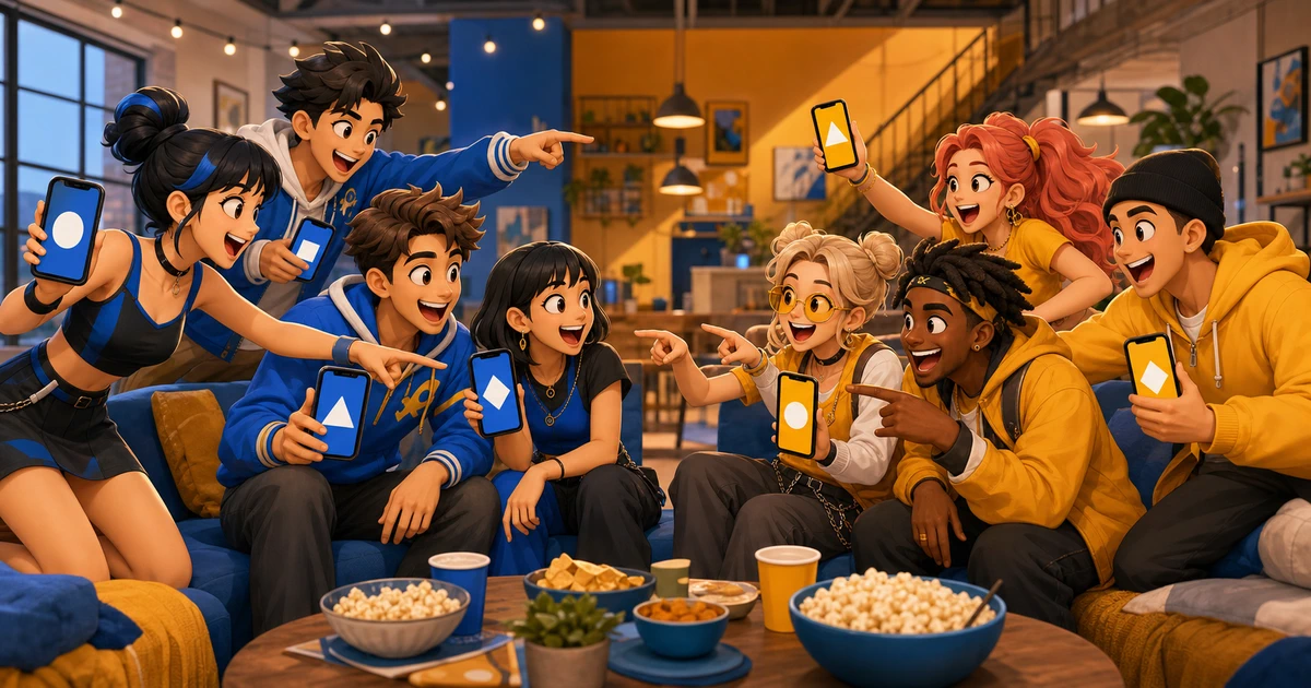A group of friends laughing around a table, several holding phones showing a party game