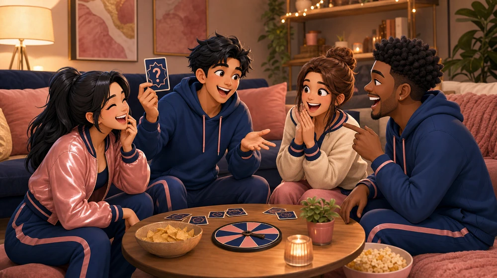 A group of friends watching as one player pauses before answering a truth question