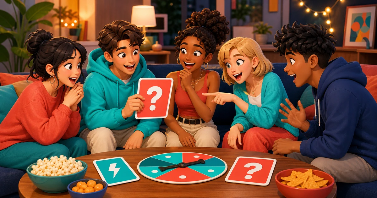 Friends sitting in a circle mid-game, one player deciding between a truth and a dare