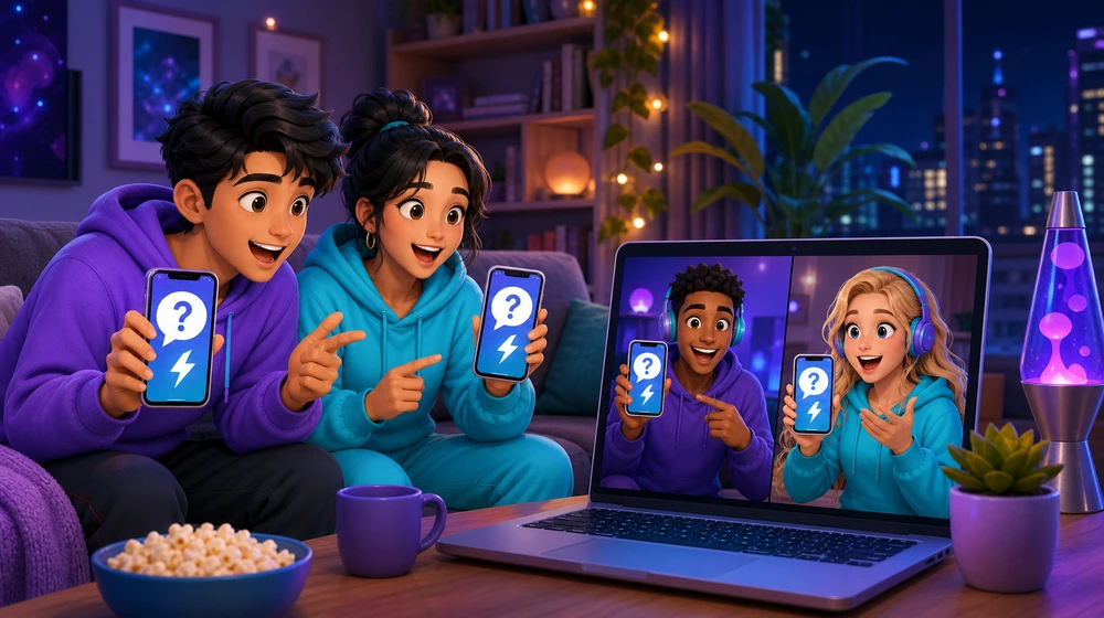 Friends on a video call each seeing the same truth or dare prompt on their own phone screen