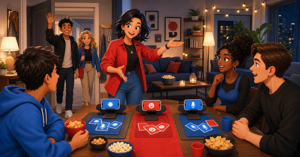 A host setting up snacks and phones on a table before friends arrive for a game night