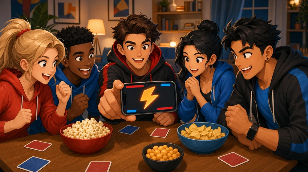 A host showing a phone game prompt to friends gathered around a table