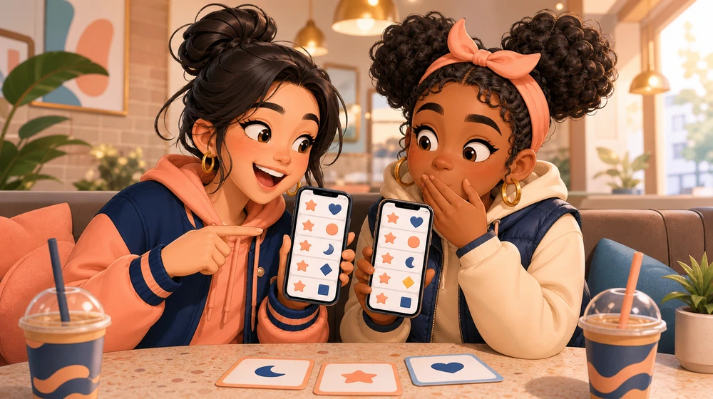 Two friends comparing their answers during a friendship quiz
