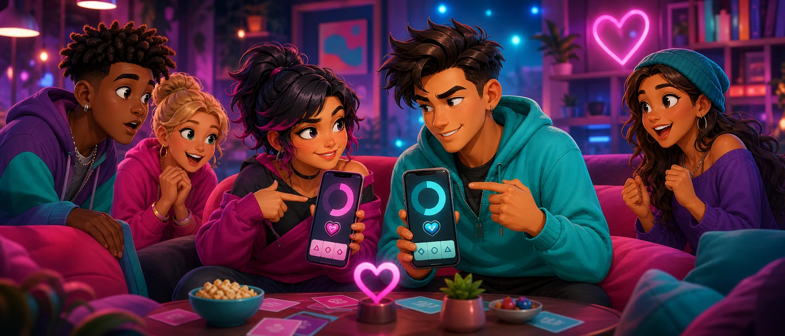 Two friends sitting together comparing their answers on a friendship quiz