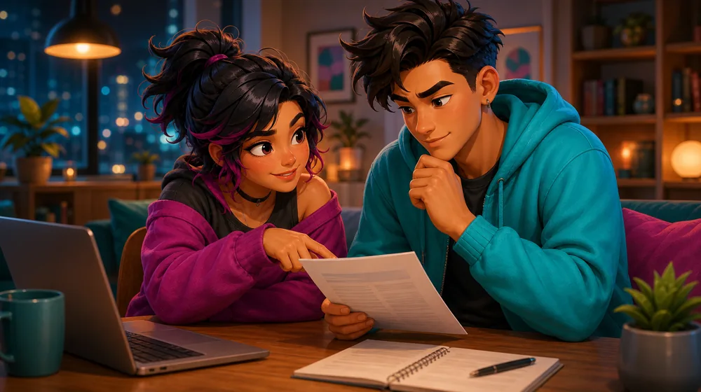 Two friends reviewing a resume before deciding whether to make a job referral