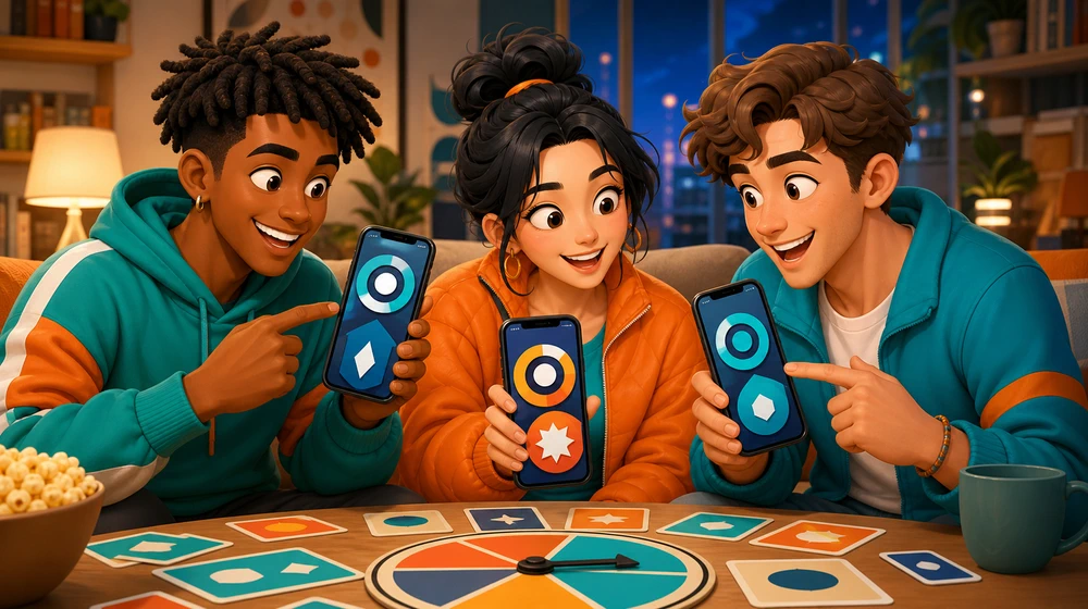 Friends comparing colourful score badges on their phones after a group game