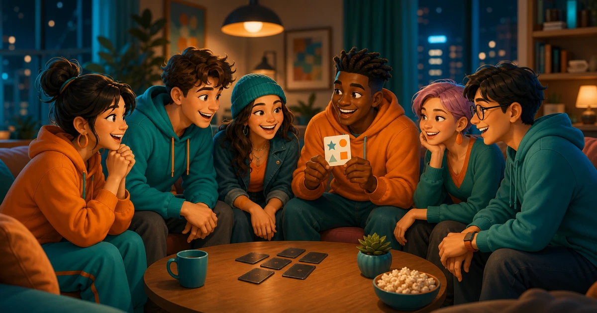 A group of friends in a living room looking at each other rather than at their phones